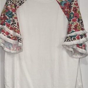 White Top with Colorful Floral Sleeves